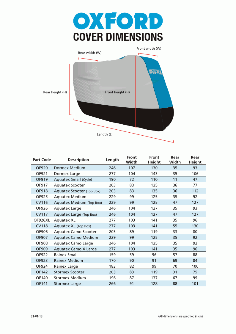 Motorcycle Cover Size Chart