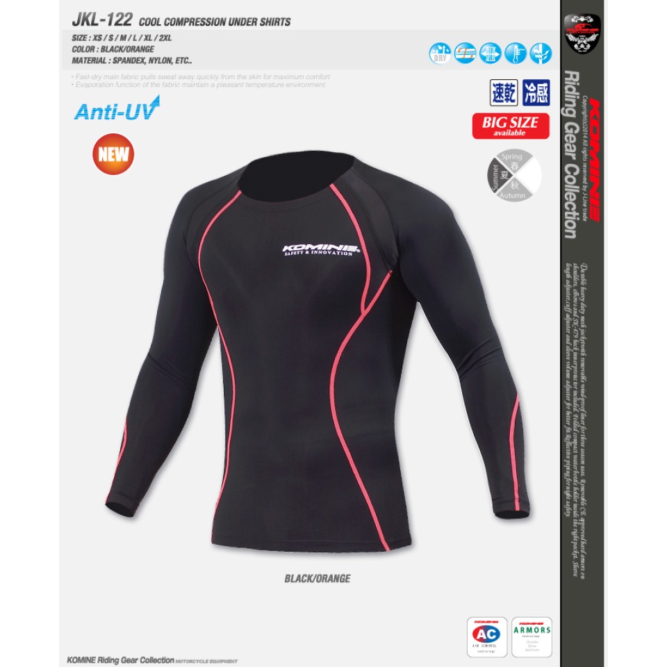 Komine JKL-122 Cool Compression Motorcycle Racing Undershirt-Black/Orange