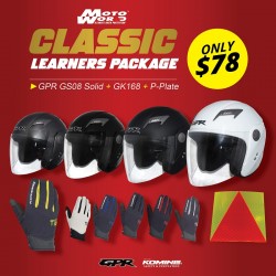 GPR GS08 Open Face Motorcycle Helmet - PSB Approved + Komine GK 168 Ride Mesh Gloves + PPlate 3M Sticker - Classic Package - Only for New Riders