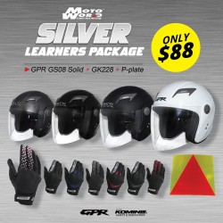 GPR GS08 Open Face Motorcycle Helmet - PSB Approved + Komine GK228 CE Protect Mesh Motorcycle Gloves + PPlate 3M Sticker - Silver Package - Only for New Riders