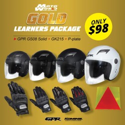 GPR GS08 Open Face Motorcycle Helmet - PSB Approved + Komine GK 215 Protect 3D Mesh Motorcycle Gloves + PPlate 3M Sticker Gold Package - Only for New Riders