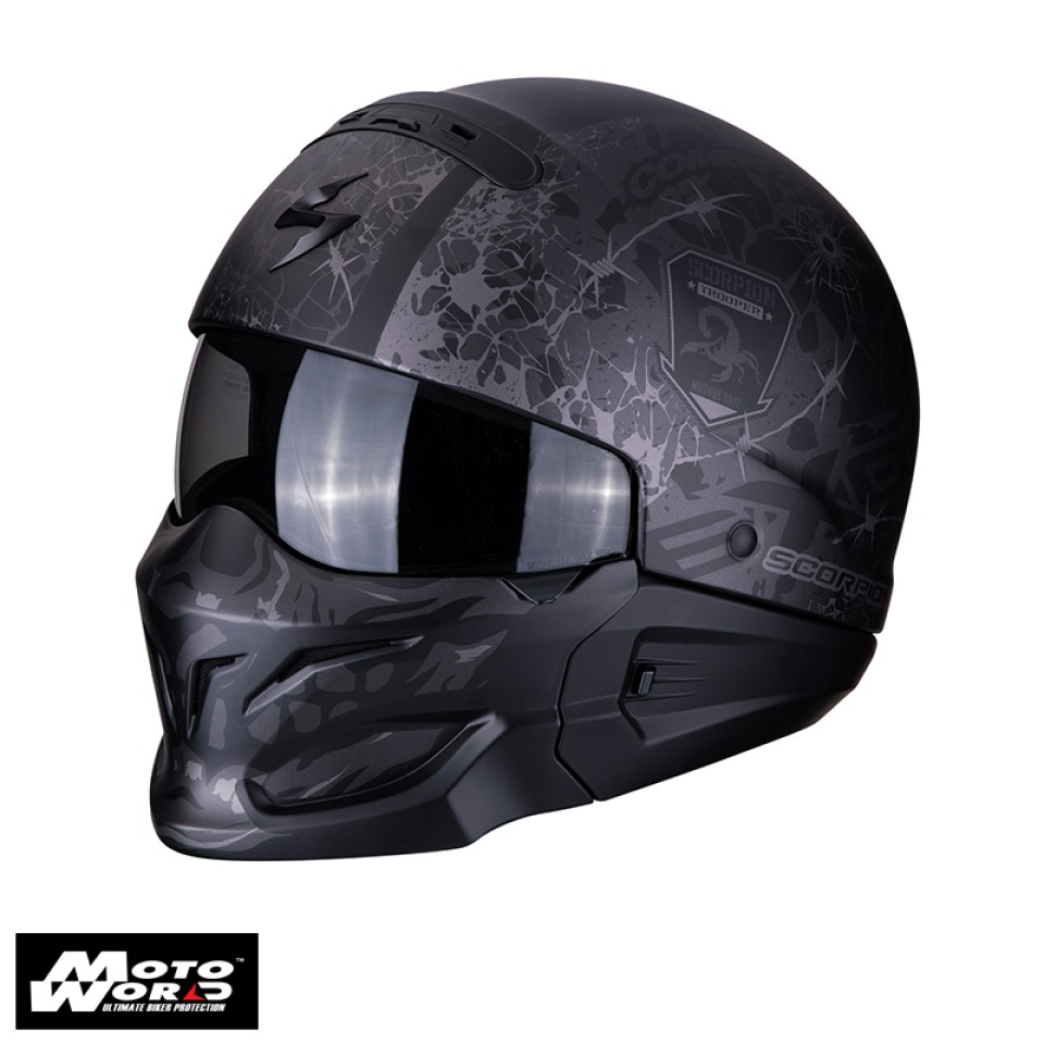 Scorpion EXO-Combat Stealth Matt-Black-Silver Jet Modular Motorcycle Helmet - Non PSB Approved