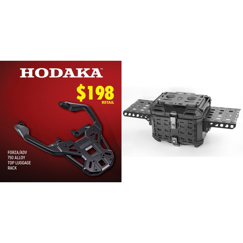 Hodaka Aluminum Alloy Motorcycle Top Luggage Rack Frame for Honda Forza ADV 750 + Hodaka Motorcycles Aluminum Tail Box With Adventure Plates - Black Hodaka Aluminum Alloy Motorcycle Top Luggage Rack Frame for Honda Forza ADV 750 + Hodaka Motorcycles Aluminum Tail Box With Adventure Plates - Black