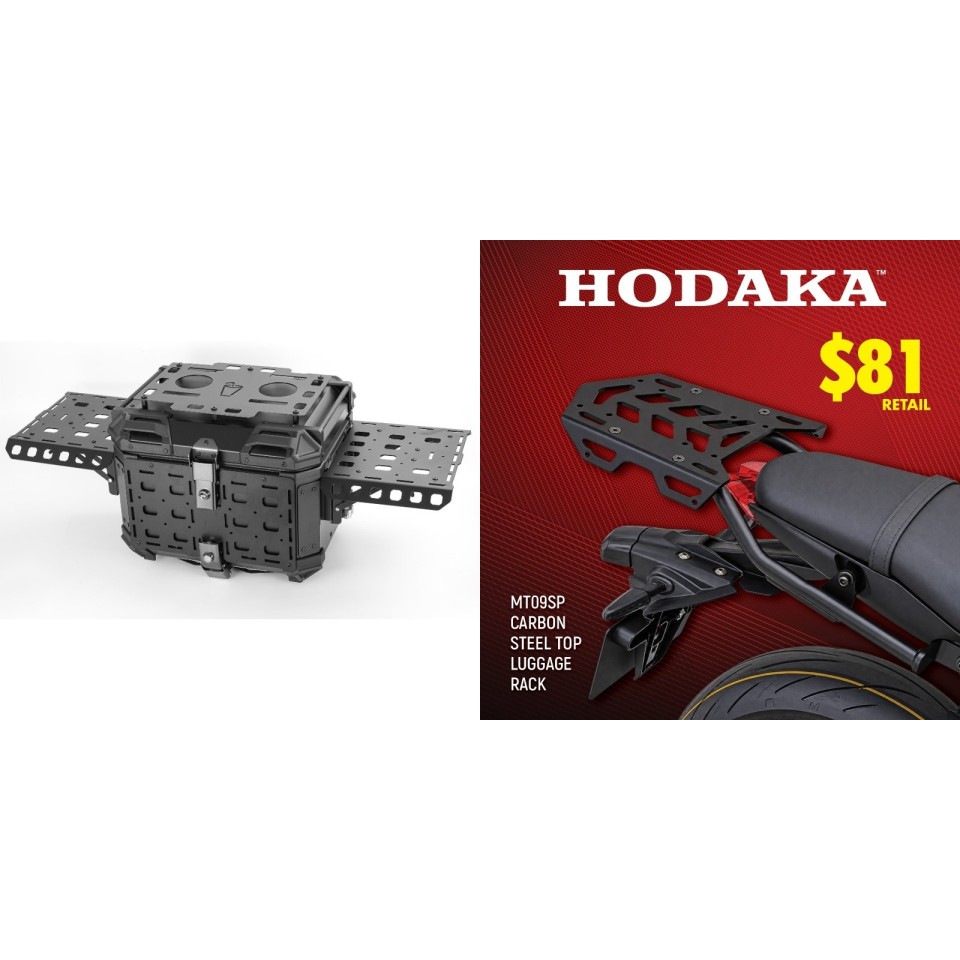 Hodaka Carbon Steel Motorcycle Top Luggage Rack Frame for Yamaha MT09 SP + Hodaka Motorcycles Aluminum Tail Box With Adventure Plates - Black Hodaka Carbon Steel Motorcycle Top Luggage Rack Frame for Yamaha MT09 SP + Hodaka Motorcycles Aluminum Tail Box With Adventure Plates - Black