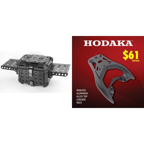 Hodaka Aluminum Alloy Motorcycle Top Luggage Rack Frame for Yamaha NMAX155 + Hodaka Motorcycles Aluminum Tail Box With Adventure Plates - Black