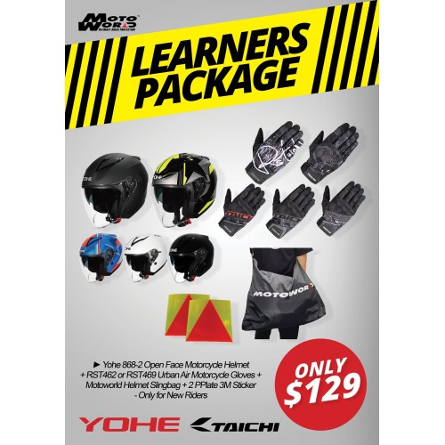 Yohe 868-2 Open Face Motorcycle Helmet + RS Taichi RST462/RST469 Urban Air Motorcycle Gloves + Motoworld Helmet Slingbag + 2 PPlate 3M Sticker - Only for New Riders