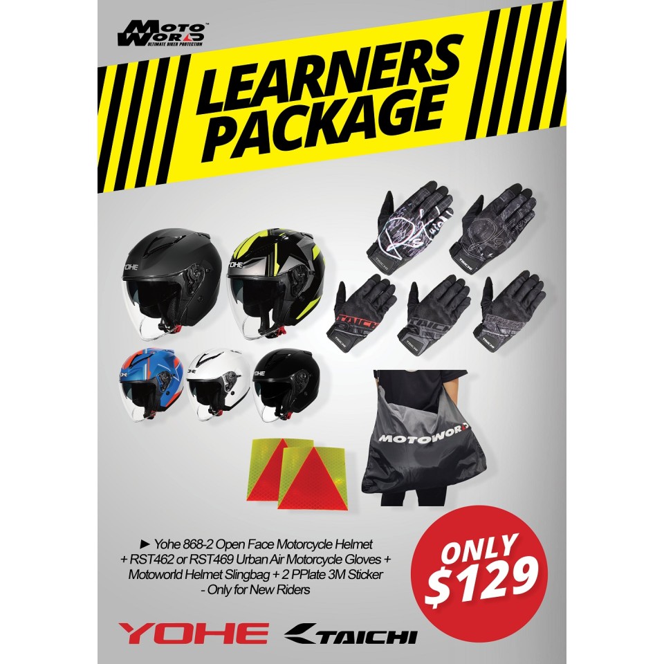 Yohe 868-2 Open Face Motorcycle Helmet + RS Taichi RST462/RST469 Urban Air Motorcycle Gloves + Motoworld Helmet Slingbag + 2 PPlate 3M Sticker - Only for New Riders