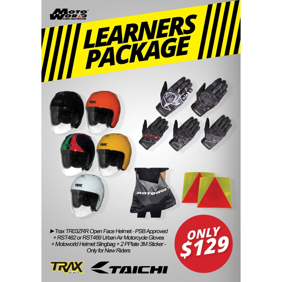 Trax TR03ZRR Open Face Helmet - PSB Approved + Komine GK-243 Protect Mesh Motorcycle Gloves + Motoworld Helmet Slingbag + 2 PPlate 3M Sticker - Only for New Riders